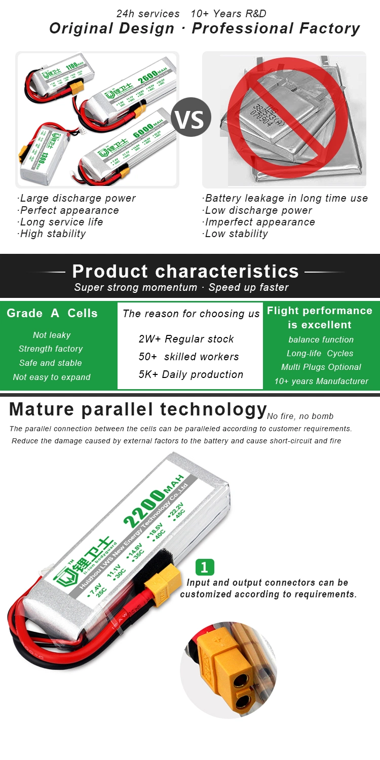 Lws Rechargeable Lipo Battery OEM 3.7V Lithium Ion Battery 850mAh 1000mAh 1300mAh 1500mAh 2200mAh 4000mAh 5000mAh 6000mAh 7200mAh for Uav